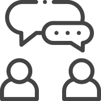 Icon with speech bubbles or chat elements, representing collaboration and open communication.