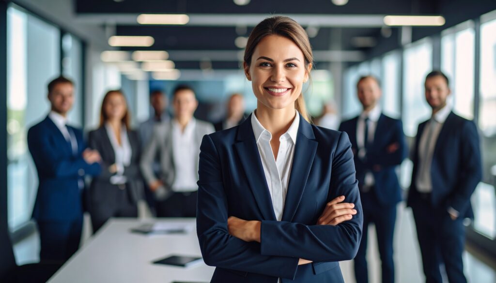 Confident woman in business attire leading a professional team, symbolizing strategic leadership from a Fractional CTO and high-performing software experts.
